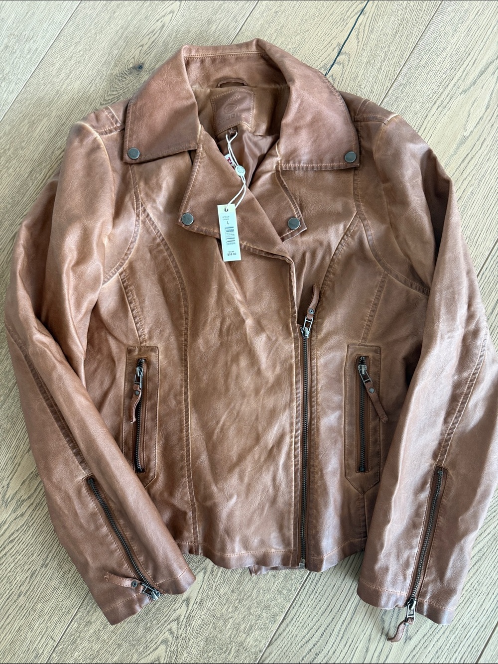 Classic Brown Faux Leather Moto Jacket - Women NWT size L